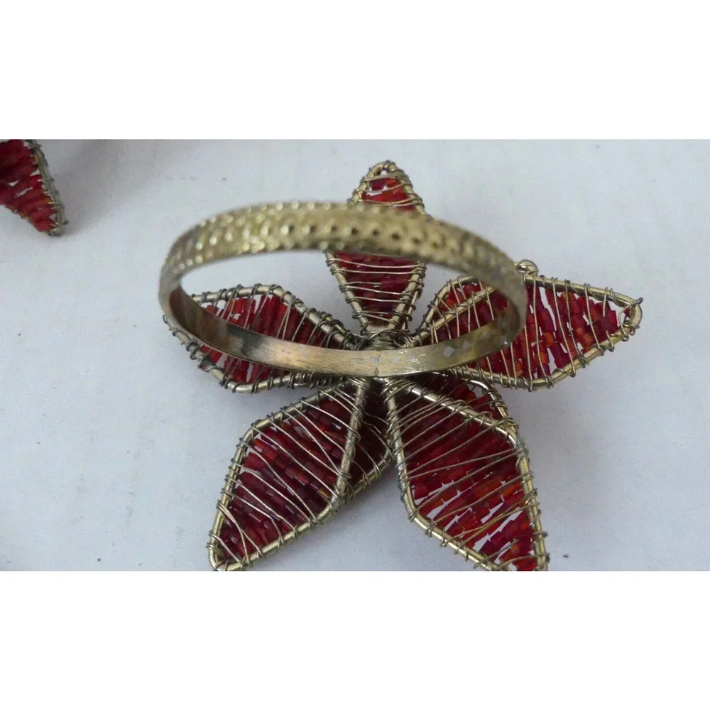 Red Bead Wire Wrapped Flower Napkin Rings Set‎ of 4 Layered Dimension Gold